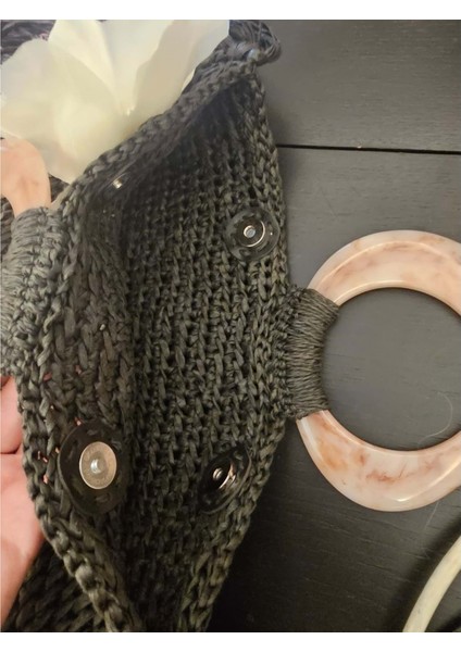 Siyah El Örgüsü Hasır Çanta- Çiçek Detaylı Bohem Stil fırsatları