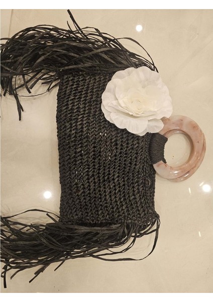 Siyah El Örgüsü Hasır Çanta- Çiçek Detaylı Bohem Stil indirimleri