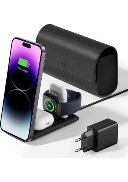 Halolock 3 In 1 Iphone + Airpods + Apple Watch Magsafe Deri Seyahat Şarj Standı Siyah ( Apple Mfm Lisans ) + ( 20W Şarj Adaptör ile Gelir )