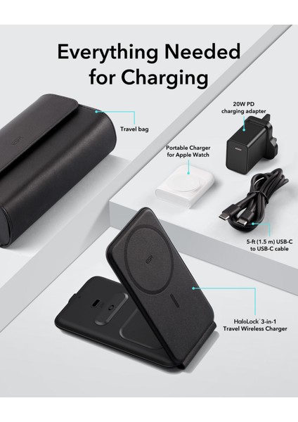 Halolock 3 In 1 Iphone + Airpods + Apple Watch Magsafe Deri Seyahat Şarj Standı Siyah ( Apple Mfm Lisans ) + ( 20W Şarj Adaptör ile Gelir ) modelleri