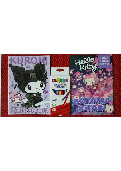 2 Adet Stickerli Boyama Kitabı ve 12 Li Kuru Boya Kalemi (Kuromi-A / Hello Kitty-B )