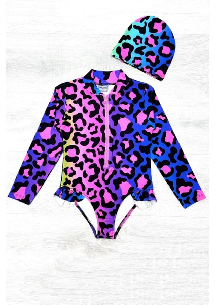 Fırfır Detaylı Leopar Desen Boneli Kız Çocuk Mayo