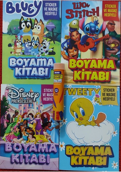 4 Adet Stickerli Boyama Kitabı ve 12 Li Tüp Kuru Boya Kalemi (Stitchb/blueyb/prensesler/tweety)