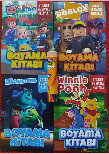 4 Adet Stickerli Boyama Kitabı ve 12 Li Tüp Kuru Boya Kalemi (Winnie/roblox/cocomelon/monsters)