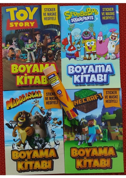 4 Adet Stickerli Boyama Kitabı ve 12 Li Tüp Kuru Boya Kalemi (Minecraft/madagaskar/toy S./süngerbob)