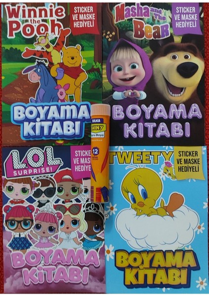 4 Adet Stickerli Boyama Kitabı ve 12 Li Tüp Kuru Boya Kalemi (Masha/lol/winnie/tweety)
