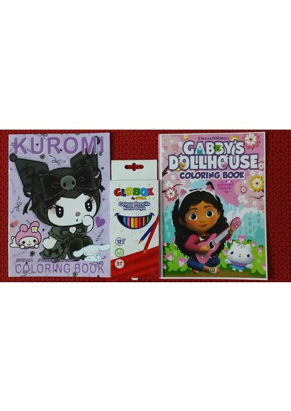 2 Adet Stickerli Boyama Kitabı ve 12 Li Kuru Boya Kalemi (Kuromi-A / Gabbys)