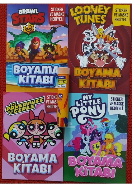 4 Adet Stickerli Boyama Kitabı ve 12 Li Tüp Kuru Boya Kalemi (Powerpuff/brawlstars/pony/looney T.)