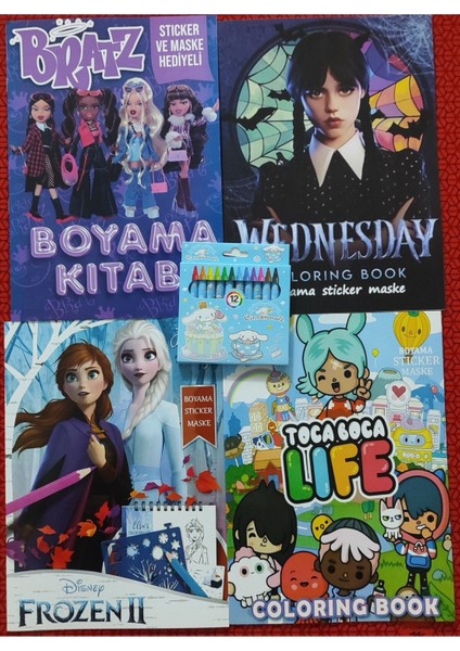 4 Adet Stickerli Boyama Kitabı ve 12 Li Pastel Boya Kalemi (Bratz/wednesday/frozen2/toca Boca)