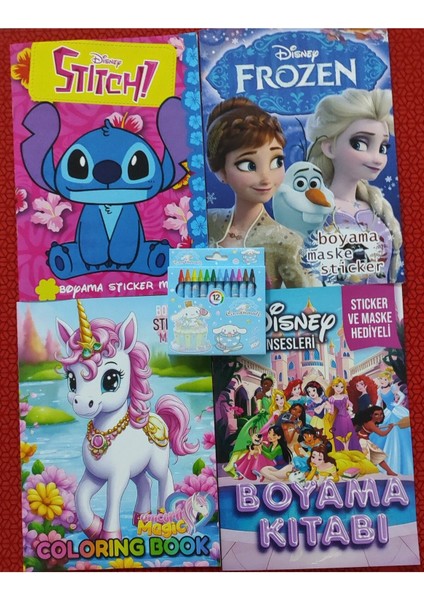 4 Adet Stickerli Boyama Kitabı ve 12 Li Pastel Boya Kalemi (Stitch/prensesler/unicorn/frozen)
