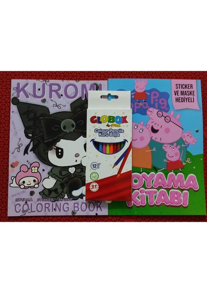2 Adet Stickerli Boyama Kitabı ve 12 Li Kuru Boya Kalemi (Kuromi-A / Peppapig)