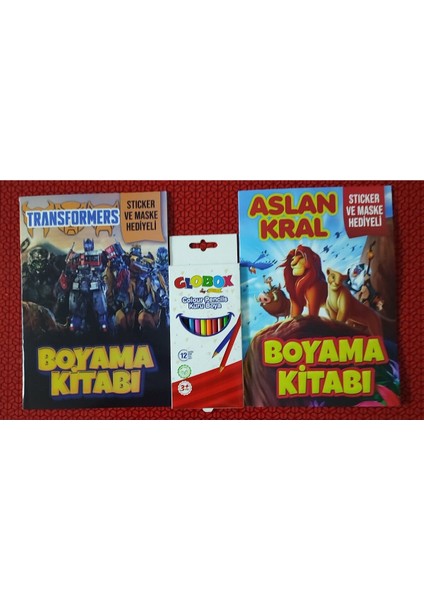 2 Adet Stickerli Boyama Kitabı ve 12 Li Kuru Boya Kalemi (Aslan Kral/ Transformes)