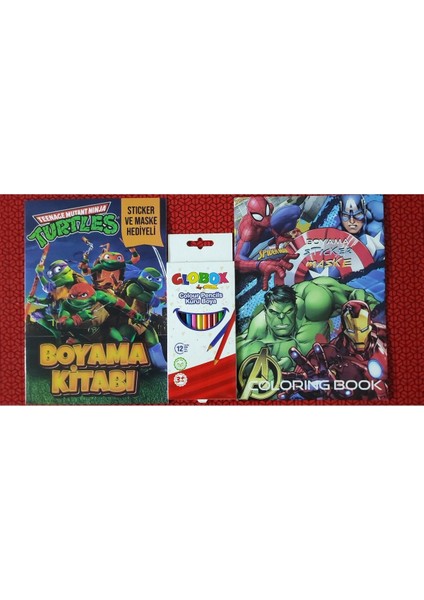 2 Adet Stickerli Boyama Kitabı ve 12 Li Kuru Boya Kalemi (Ninja Kaplumbağalar/ Süper Kahramanlar)