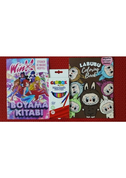 2 Adet Stickerli Boyama Kitabı ve 12 Li Kuru Boya Kalemi (Winx/ Labubu)