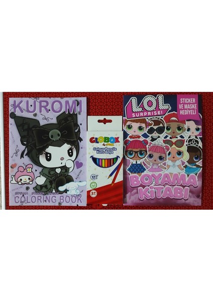 2 Adet Stickerli Boyama Kitabı ve 12 Li Kuru Boya Kalemi (Kuromi-A / Lol )