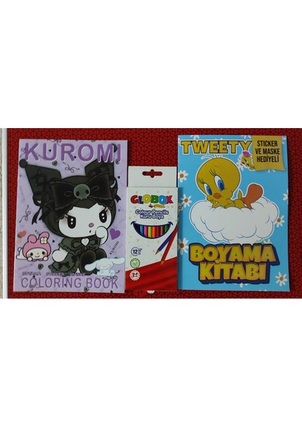 2 Adet Stickerli Boyama Kitabı ve 12 Li Kuru Boya Kalemi (Kuromi-A / Tweety )