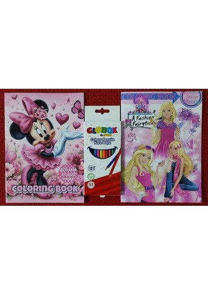 2 Adet Stickerli Boyama Kitabı ve 12 Li Kuru Boya Kalemi (Barbie / Minnie)