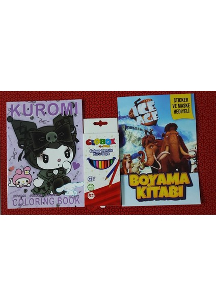 2 Adet Stickerli Boyama Kitabı ve 12 Li Kuru Boya Kalemi (Kuromi-A / Buz Devri )