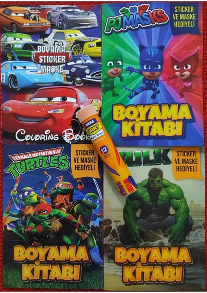 4 Adet Stickerli Boyama Kitabı ve 12 Li Tüp Kuru Boya Kalemi (Ninja Kaplumbağalar/arabalar/hulk/pm)