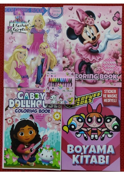 4 Adet Stickerli Boyama Kitabı ve 12 Li Pastel Boya Kalemi (Powerpuff/barbie/minnie/gabbys)