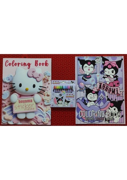 2 Adet Stickerli Boyama Kitabı ve 12 Li Pastel Boya Kalemi (Kuromib/hellokittyb)