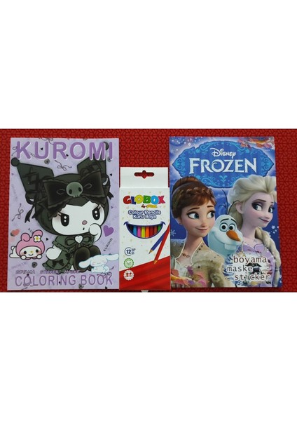 2 Adet Stickerli Boyama Kitabı ve 12 Li Kuru Boya Kalemi (Kuromi-A / Frozen )