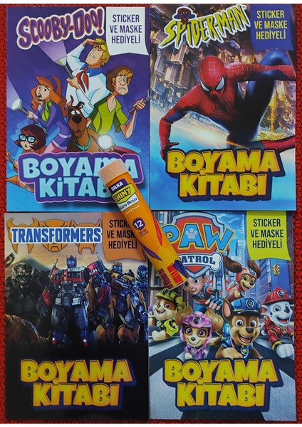 4 Adet Stickerli Boyama Kitabı ve 12 Li Tüp Kuru Boya Kalemi (P.patrol/örümcek A./transformens/sbd)