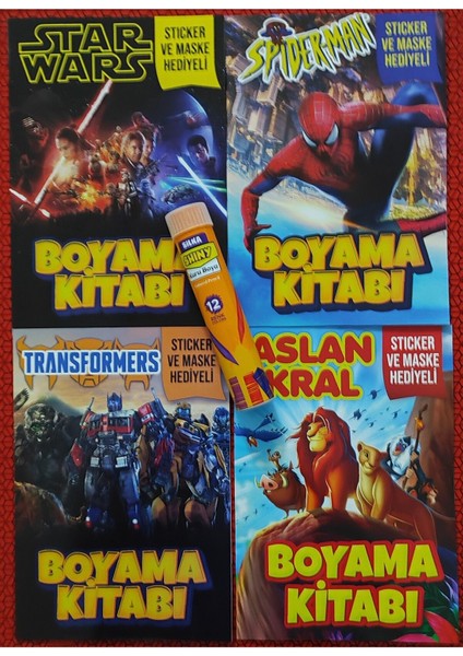 4 Adet Stickerli Boyama Kitabı ve 12 Li Tüp Kuru Boya Kalemi (Starwars/örümcek A./transformens/as.k)
