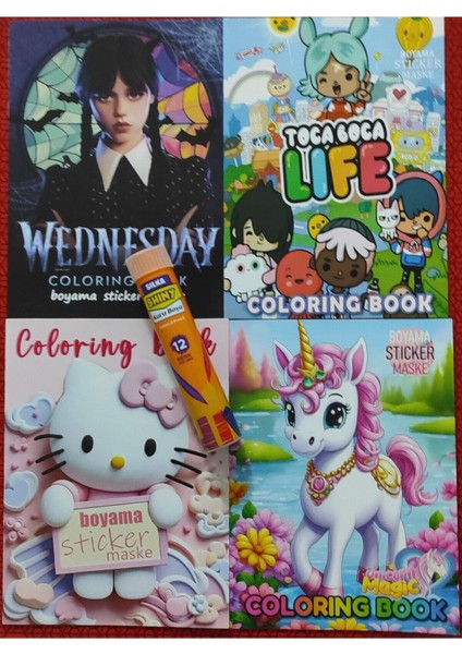 4 Adet Stickerli Boyama Kitabı ve 12 Li Tüp Kuru Boya Kalemi (Wednesday/tocaboca/hellokitty/unicorn)