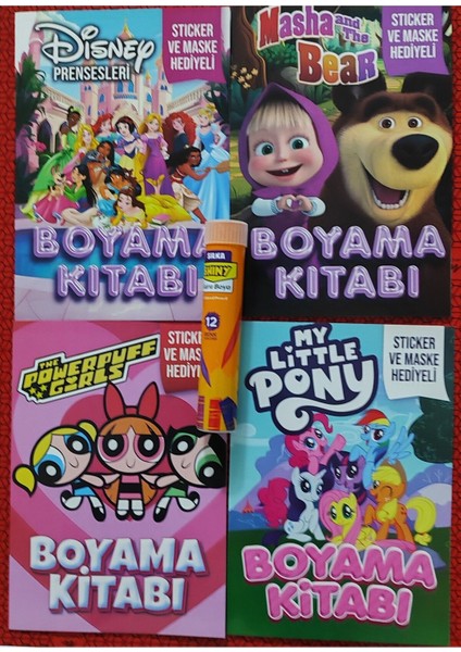4 Adet Stickerli Boyama Kitabı ve 12 Li Tüp Kuru Boya Kalemi (Powerpuff/masha/pony/prensesler)