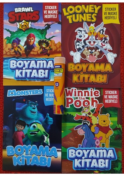 4 Adet Stickerli Boyama Kitabı ve 12 Li Tüp Kuru Boya Kalemi (Winnie/brawlstars/looney T. /monsters)