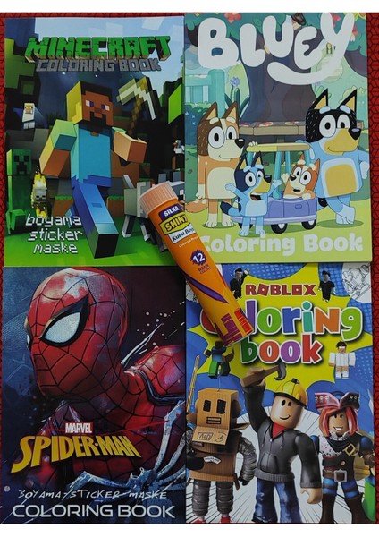 4 Adet Stickerli Boyama Kitabı ve 12 Li Tüp Kuru Boya Kalemi (Örümcek A./bluey/roblox/minecraft)