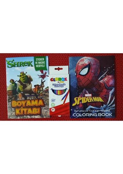 2 Adet Stickerli Boyama Kitabı ve 12 Li Kuru Boya Kalemi (Örümcek A.-A / Shrek)
