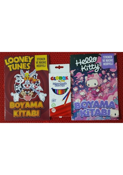 2 Adet Stickerli Boyama Kitabı ve 12 Li Kuru Boya Kalemi (Hello Kitty-B/ Looney Tunes)