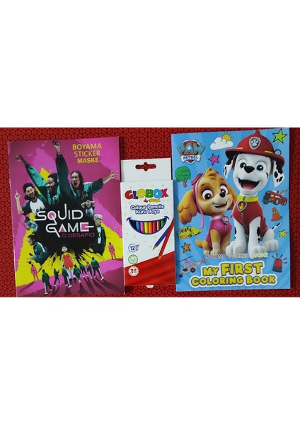 2 Adet Stickerli Boyama Kitabı ve 12 Li Kuru Boya Kalemi (Squid Game / Paw Patrol-A)