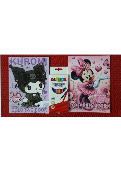 2 Adet Stickerli Boyama Kitabı ve 12 Li Kuru Boya Kalemi (Kuromi-A / Minnie)