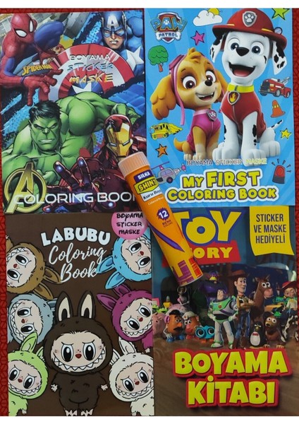 4 Adet Stickerli Boyama Kitabı ve 12 Li Tüp Kuru Boya Kalemi (Pawpatrol/s.khrmanlr/toystory/labubu)