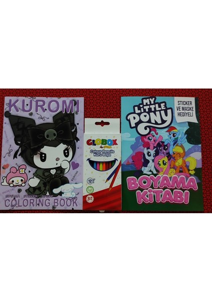 2 Adet Stickerli Boyama Kitabı ve 12 Li Kuru Boya Kalemi (Kuromi-A / My Little Pony)