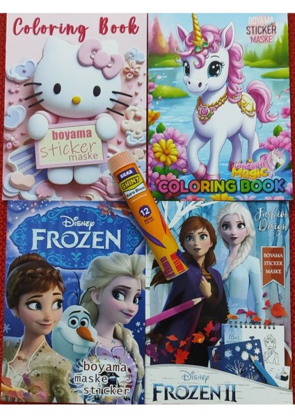 4 Adet Stickerli Boyama Kitabı ve 12 Li Tüp Kuru Boya Kalemi (Unicorn/hellokittya/frozen/frozen2)