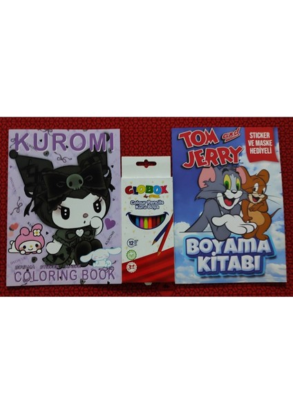 2 Adet Stickerli Boyama Kitabı ve 12 Li Kuru Boya Kalemi (Kuromi-A / Tom ve Jerry)