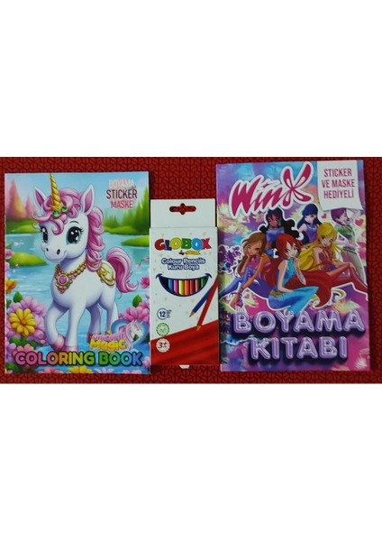 2 Adet Stickerli Boyama Kitabı ve 12 Li Kuru Boya Kalemi (Unicorn / Winx)