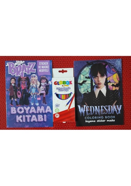 2 Adet Stickerli Boyama Kitabı ve 12 Li Kuru Boya Kalemi (Wednesday-A / Bratz)