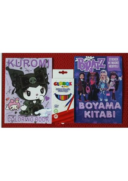 2 Adet Stickerli Boyama Kitabı ve 12 Li Kuru Boya Kalemi (Kuromi-A / Bratz )