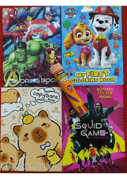 4 Adet Stickerli Boyama Kitabı ve 12 Li Tüp Kuru Boya Kalemi (Pawpatrol/s.kahramanlar/capybara/squi)