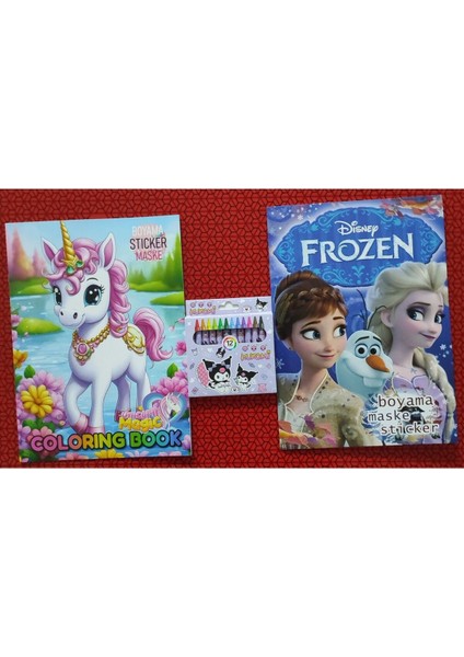 2 Adet Stickerli Boyama Kitabı ve 12 Li Pastel Boya Kalemi (Frozen/unicorn)