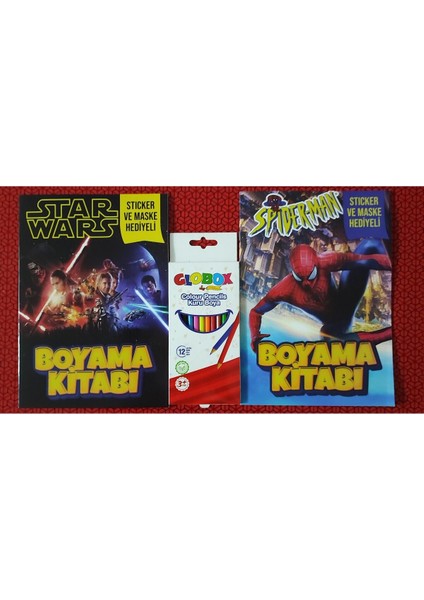 2 Adet Stickerli Boyama Kitabı ve 12 Li Kuru Boya Kalemi (Star Wars/ Örümcek A.-B)