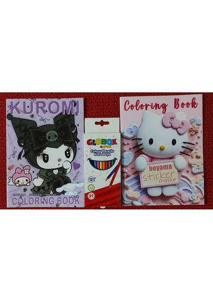 2 Adet Stickerli Boyama Kitabı ve 12 Li Kuru Boya Kalemi (Kuromi-A / Hello Kitty-A)