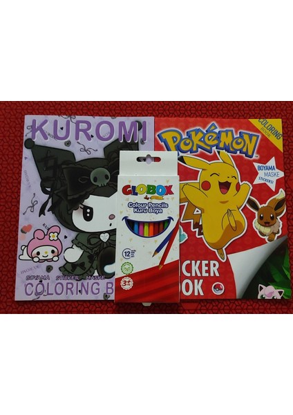 2 Adet Stickerli Boyama Kitabı ve 12 Li Kuru Boya Kalemi (Kuromi-A / Pocemon-A)