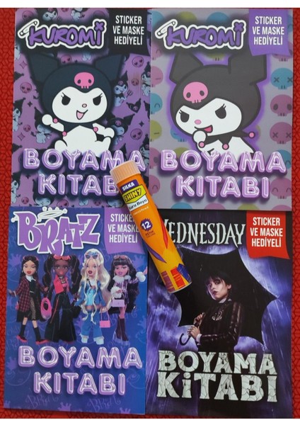 4 Adet Stickerli Boyama Kitabı ve 12 Li Tüp Kuru Boya Kalemi (Kuromia/kuromib/wednesdayb/bratz)