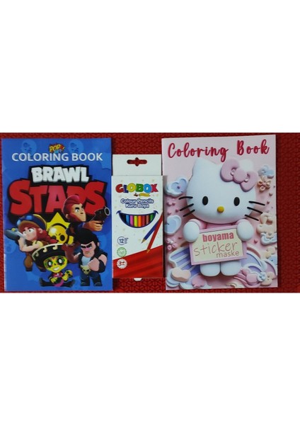 2 Adet Stickerli Boyama Kitabı ve 12 Li Kuru Boya Kalemi (Brawlstars-A / Hello Kitty-A)